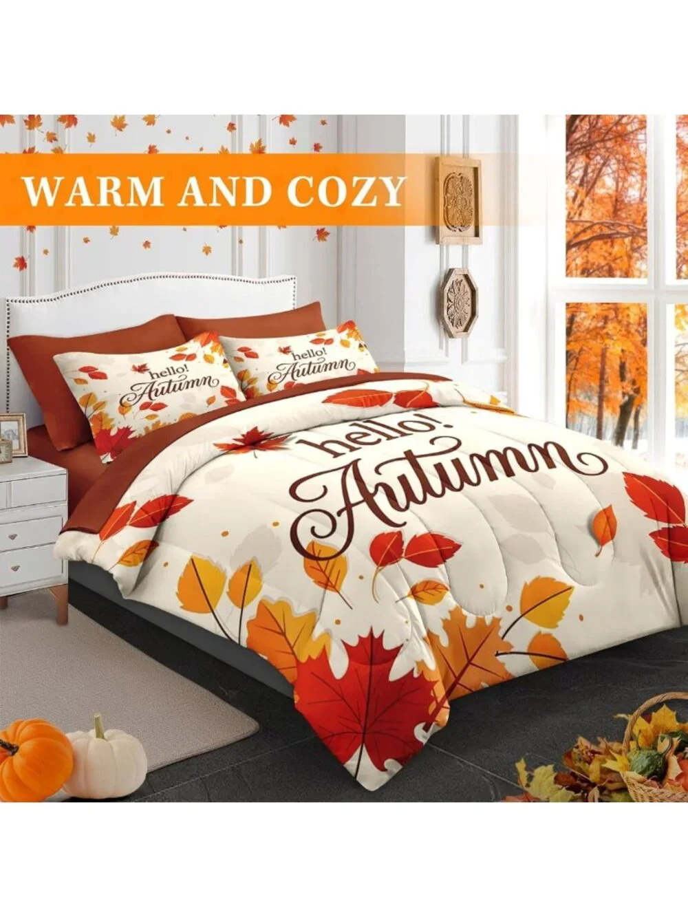 Cozy Queen Fall Comforter Set with Sheets, 7-Piece Bedding Ensemble for Autumn
